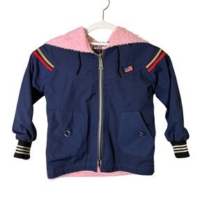 Kids Vintage 70s Navy and Pink Pea Coat Size S Retro Sherpa Lined Cozy